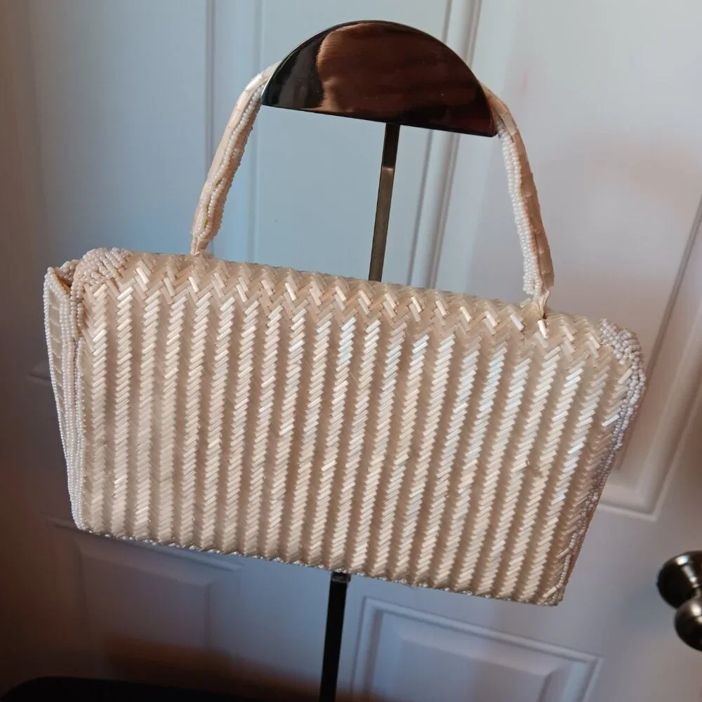 Vintage Hand Made in Hong Kong cream micro beads and sequin evening purse